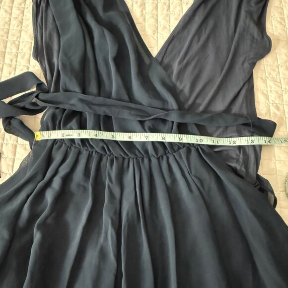 Bebe Navy Blue Wrap-Style Dress With Sheer Overlay & Belted Waist Size M - Picture 6 of 7